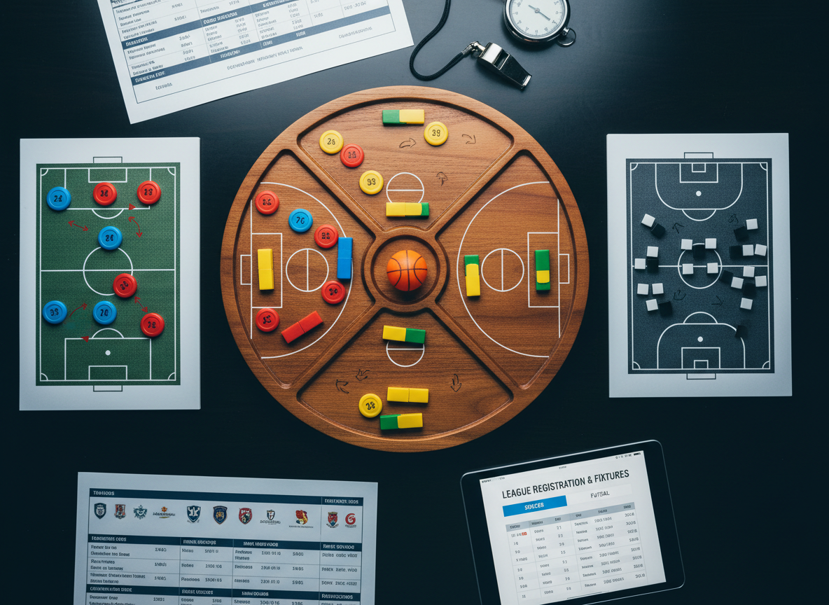 Toma cenital de una pizarra de estrategia de madera sobre una mesa oscura y lisa, con fichas magnéticas de distintos colores organizadas en formaciones tácticas para fútbol, baloncesto y futsal en secciones diferenciadas. Alrededor hay un silbato, un cronómetro profesional, horarios impresos plastificados y una tablet con una interfaz limpia para inscripción y programación de partidos. La iluminación neutra de estudio genera sombras mínimas y reflejos nítidos en las fichas y la pantalla. Composición ordenada, vista superior y realismo fotográfico que transmiten precisión, planificación y coordinación profesional de múltiples ligas amateurs dentro de una sola plataforma de organización.