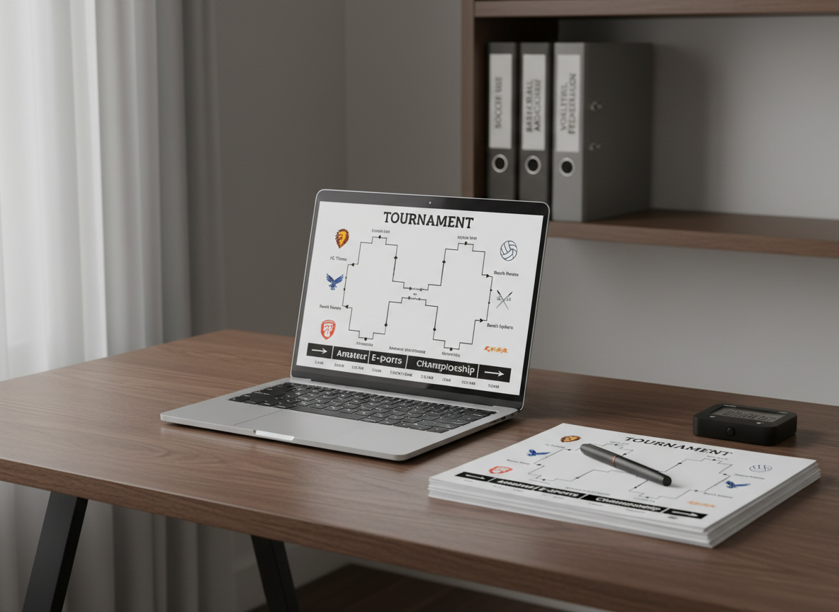 Puesto de trabajo minimalista y profesional con un portátil abierto sobre un escritorio de madera oscura, mostrando un cuadro de llaves de un torneo amateur con logos de equipos, horarios de partidos y líneas de avance. Junto al portátil hay hojas impresas de programación, un bolígrafo negro de calidad y un pequeño temporizador digital. Al fondo, ligeramente desenfocado, se ve un estante organizado con archivadores etiquetados para distintas ligas: fútbol, baloncesto y voleibol. Luz de ventana suave e indirecta ilumina la superficie del escritorio, creando contraste sutil y un ambiente calmado y concentrado. Capturado en tres cuartos con realismo fotográfico y profundidad de campo moderada, comunica planificación estructurada, gestión de contenidos y administración profesional de múltiples competiciones deportivas.