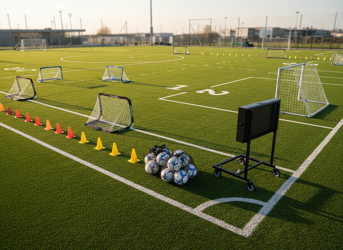 A perfectly groomed artificial turf soccer field seen from a slightly elevated sideline angle, with bright white boundary lines, numbered field zones, and multiple portable goals neatly arranged for different amateur matches. Along the edge, there is a row of carefully lined-up sports cones, ball bags, and a digital scoreboard cart showing a blank, ready state. Late afternoon golden light bathes the field, casting long, soft shadows and highlighting the rich green texture of the turf. The mood is organized, anticipatory, and professional, captured in sharp photographic realism with wide depth of field so every detail of the field setup and equipment is clearly visible, symbolizing well-structured amateur league organization.