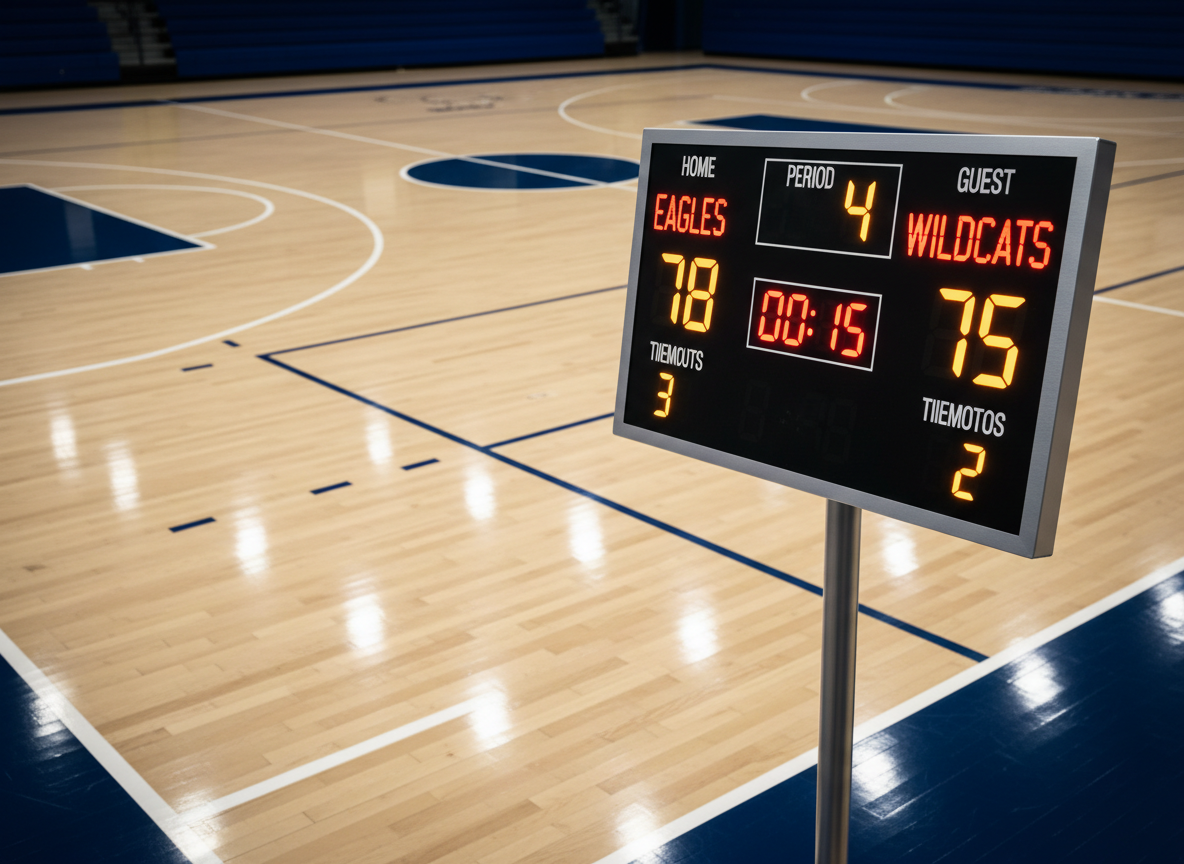 Tablero electrónico de puntuación iluminado, montado sobre una estructura metálica en el borde de una cancha techada multiuso con piso de madera pulida marcada para baloncesto, voleibol y futsal. El marcador muestra nombres de equipos, resultado actual y cronómetro en dígitos LED rojos y ámbar sobre fondo negro profundo. La iluminación neutra e intensa del coliseo se refleja suavemente en el piso brillante, creando líneas limpias y reflejos del tablero. Toma baja y ligeramente diagonal, con realismo fotográfico, que enfatiza el seguimiento en tiempo real de los partidos, la justicia deportiva y la presentación profesional de los juegos de una liga amateur.