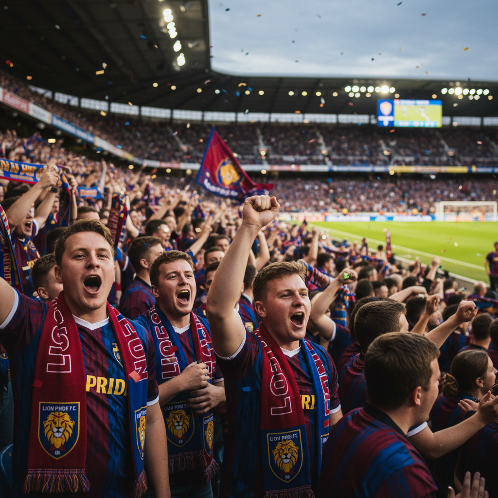 Retrato cuadrado de hinchas en la tribuna, animando con bufandas y banderas en los colores de su equipo, capturados en enfoque nítido con el estadio de fondo ligeramente desenfocado. Realismo fotográfico que transmite ambiente de fiesta y apoyo a ligas amateurs organizadas profesionalmente.